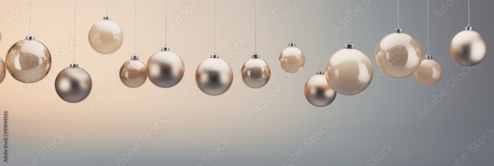 Obraz premium Hanging Christmas baubles creating a festive and elegant holiday atmosphere with shimmering metallic finishes on a soft gradient background