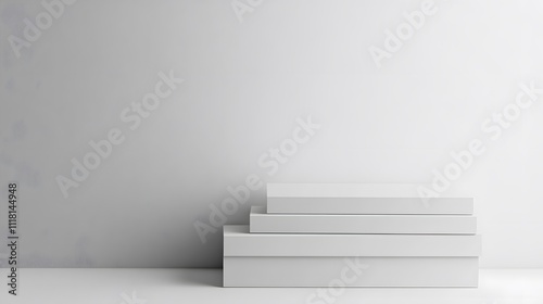 Professional product photography of stacked white A4 paper sheets against clean white background, featuring minimalist composition with soft shadows and matte finish.