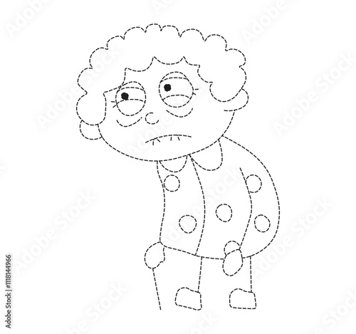 character of An old woman or old man with a stooped waist a pk dress, is walking to the left and looking  around.