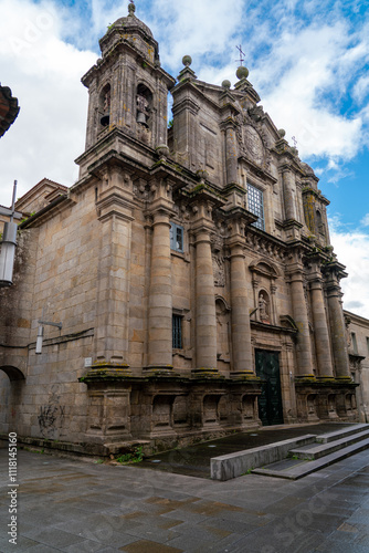 Pontevedra, Spain. View of Saint Bartholomew's church. Situated in the old town center of Pontevedra, the church was built in the late 17th century in the Baroque style. Travel destination.