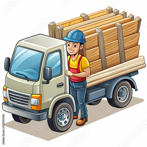 A cartoon-style construction material delivery scene, with trucks and equipment like cranes