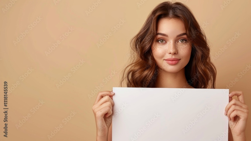 A smiling woman with freckles holds up a white banner, set against a soft beige background. Her positive expression is the focal point of the gentle photo. A smiling woman with freckles holds up a white banner, set against a soft beige background. Her positive expression is the focal point of the gentle photo.