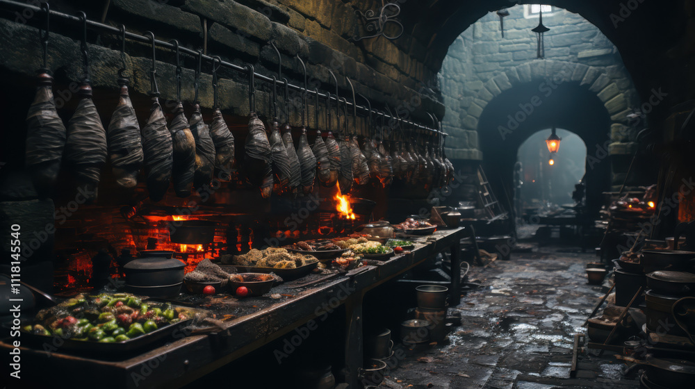 Obraz premium Preserving medieval meats techniques from a stone castle kitchen vintage tools in a historical setting soft lighting and textures