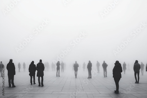 Foggy gathering in a large open space with many silhouettes