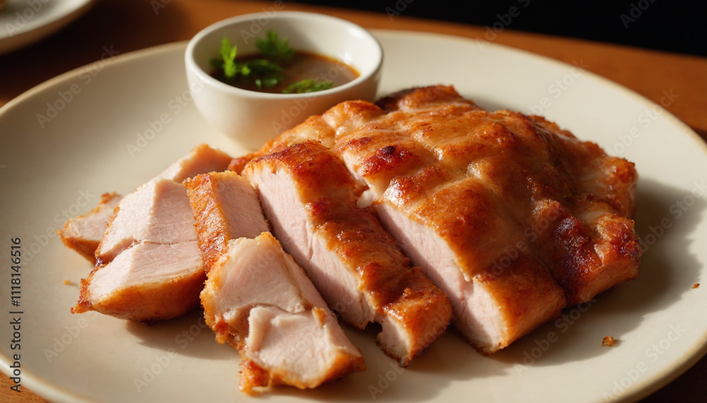Lechon slices in a rustic style in golden-brown and beige for a delicious meal Lechon slices in a rustic style in golden-brown and beige for a delicious meal