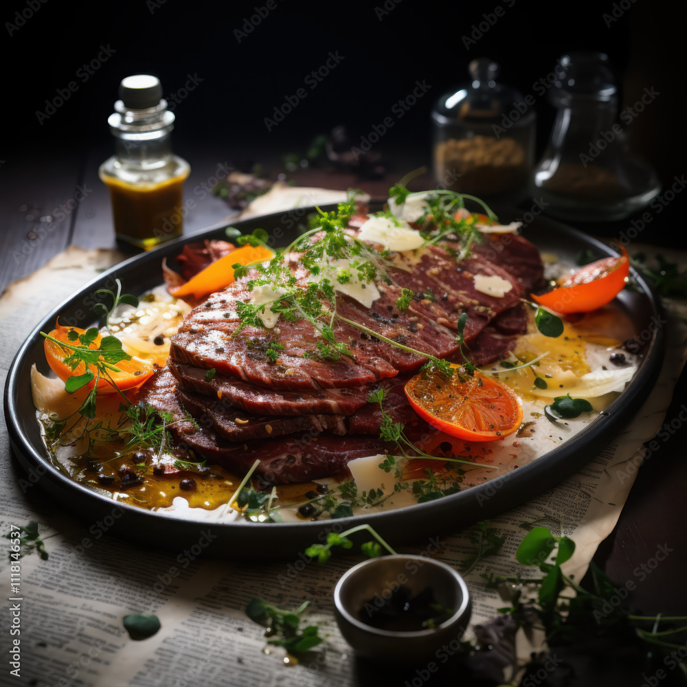Artistic plating of prime beef carpaccio with olive oil drizzle and scattered herbs elegant restaurant gourmet cuisine fine dining experience Artistic plating of prime beef carpaccio with olive oil drizzle and scattered herbs elegant restaurant gourmet cuisine fine dining experience