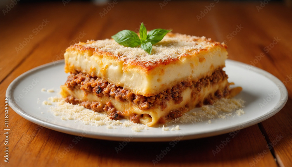 Pastitsio dish in rustic style in warm tones showcasing layers of pasta, meat, and béchamel Pastitsio dish in rustic style in warm tones showcasing layers of pasta, meat, and béchamel