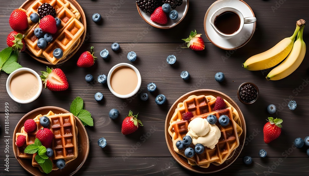 Fototapeta premium Waffles and Berries on Wooden Table