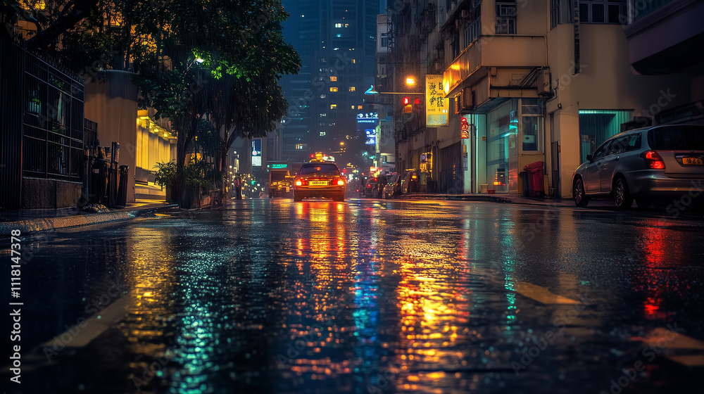 Fototapeta premium Rainy urban street with reflections and glowing lights