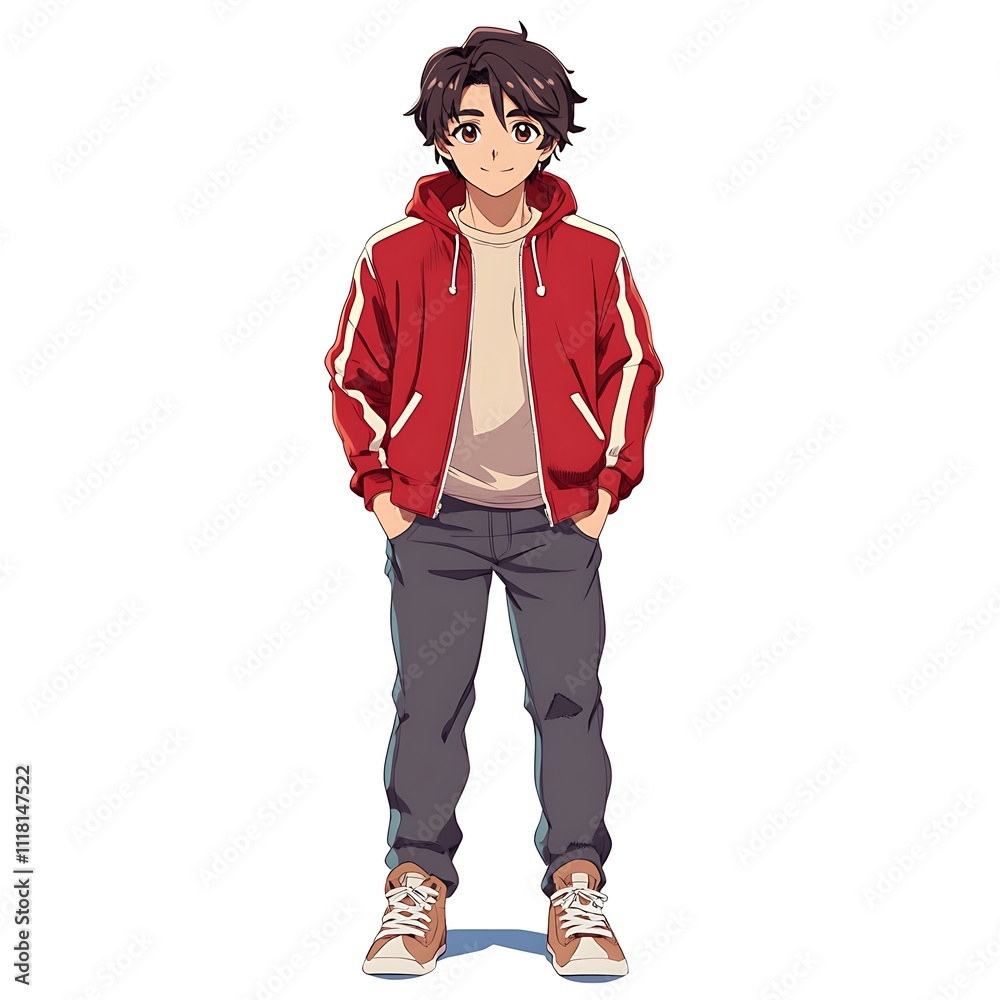 Fototapeta premium Anime teenage boy in a varsity jacket and sneakers on a white background