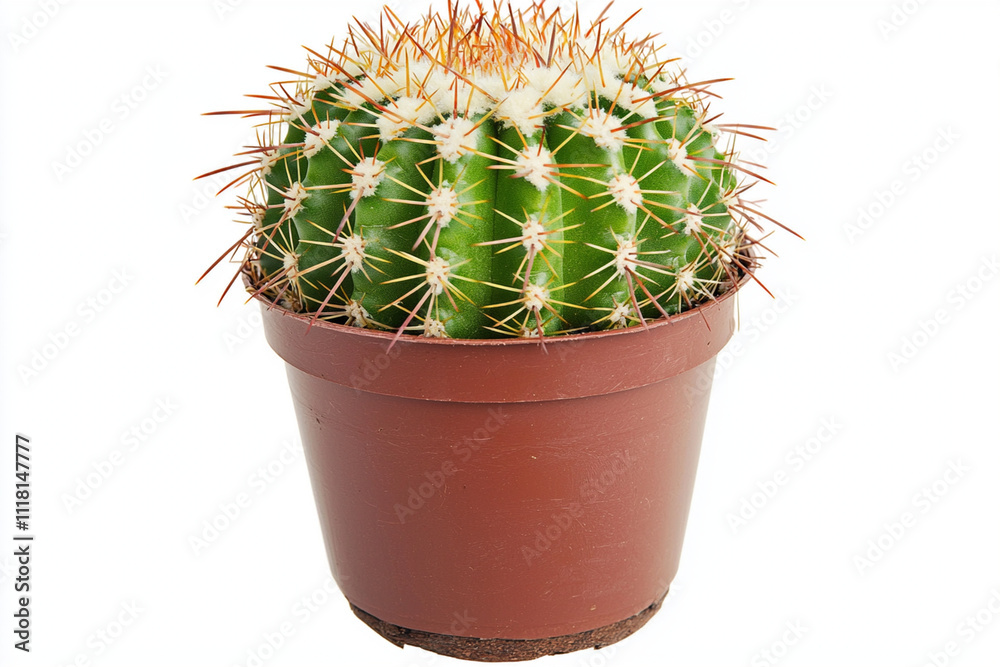 Cactus in a pot with prominent spines in a bright setting Cactus in a pot with prominent spines in a bright setting