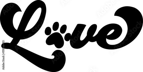 Groovy Love with paw hand drawn lettering, cat lover, dog lover, pets lovers vector, Dogs lovers Adobe Illustrator Artwork, black and white sublimation