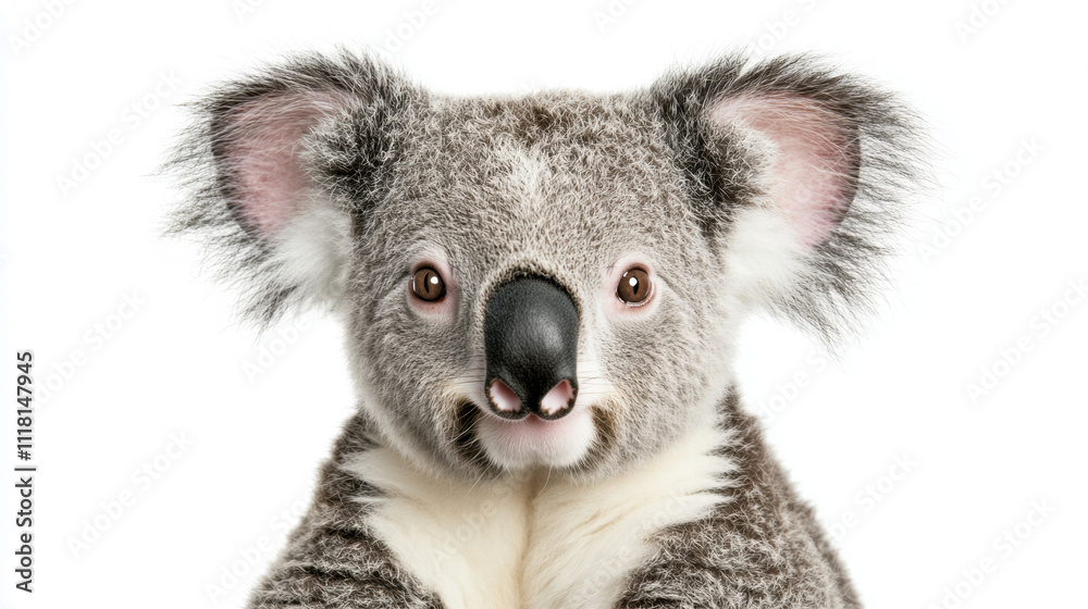 Fototapeta premium Close-up portrait of a koala with fluffy ears and a black nose, set against a plain white background, highlighting its adorable features.