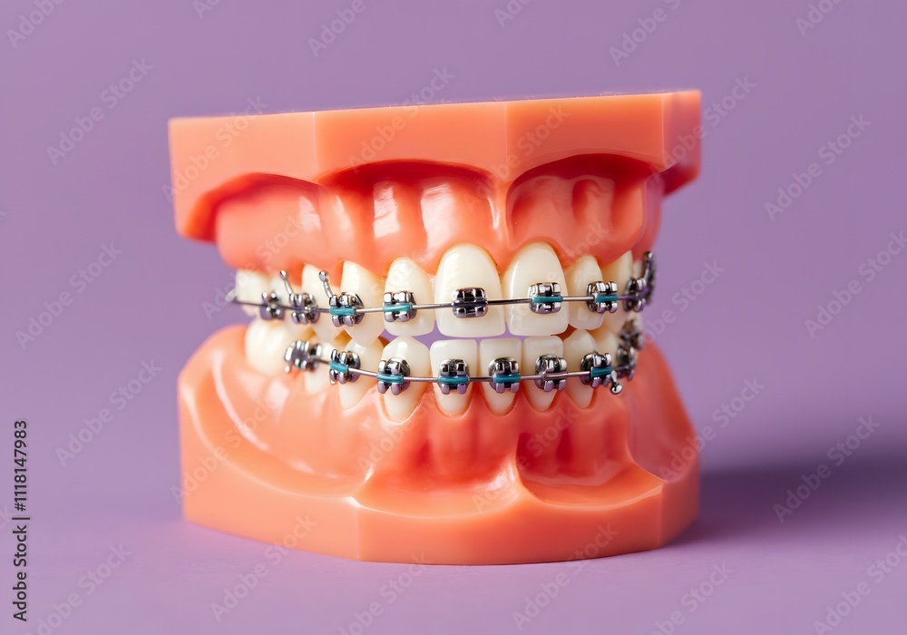 Model of Teeth with Orthodontic Braces Isolated on a Pastel Purple Background Created with Generative AI Model of Teeth with Orthodontic Braces Isolated on a Pastel Purple Background Created with Generative AI