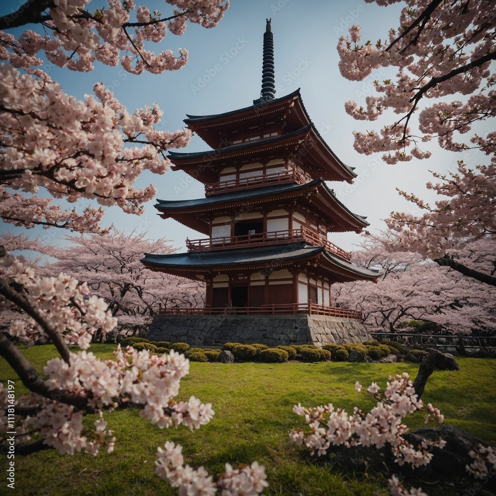 A traditional Japanese pagoda surrounded by cherry blossoms. A traditional Japanese pagoda surrounded by cherry blossoms.