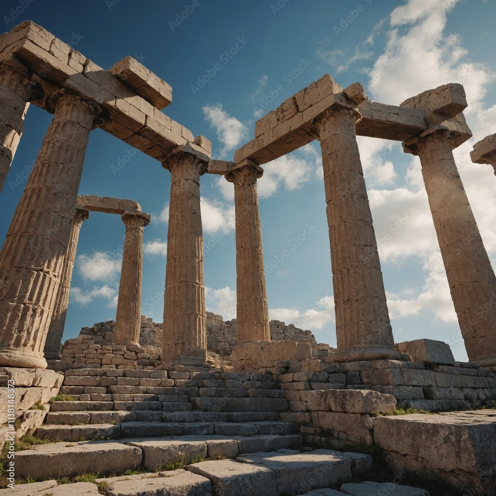 An ancient Greek temple with towering columns. An ancient Greek temple with towering columns.