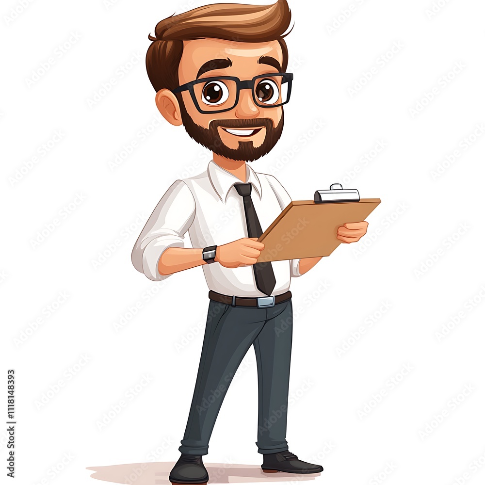 Cartoon sales guy with a clipboard, explaining sales details on a white background.