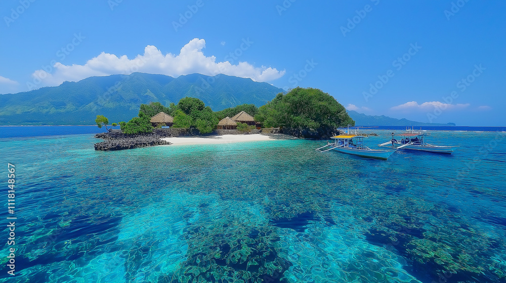 Obraz premium Tropical Island Paradise with Beach Cabanas. Concept of Relaxation, Vacation, and Escape.