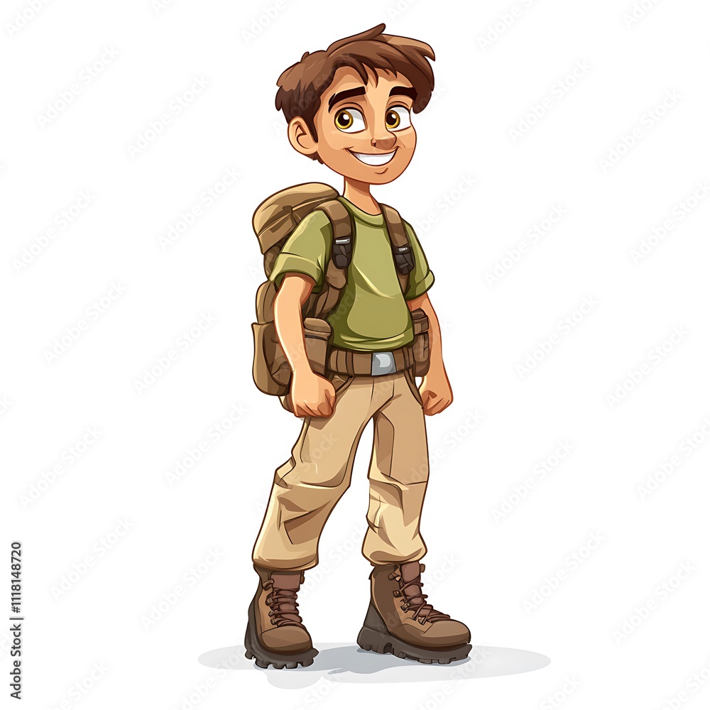 Cartoon adventurer wearing hiking boots on a white background Cartoon adventurer wearing hiking boots on a white background