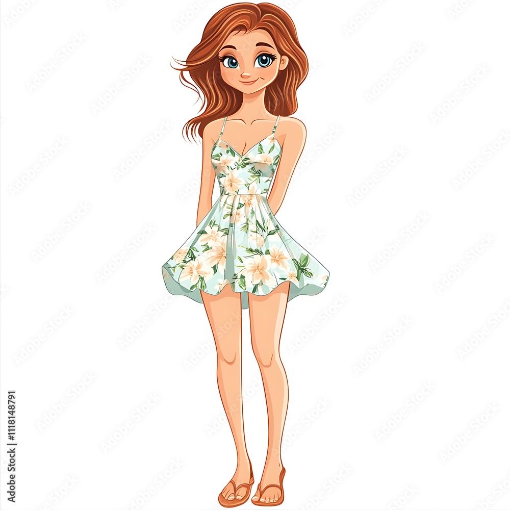Cartoon teenage girl in a sundress on a white background Cartoon teenage girl in a sundress on a white background