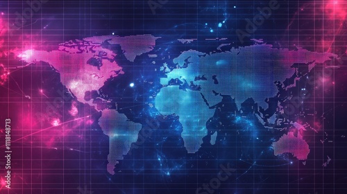 A vibrant world map illuminated with pink and blue tones, representing global connectivity and technology.