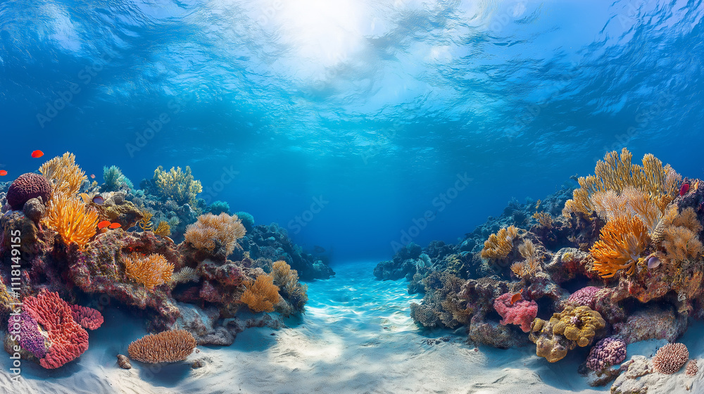 Fototapeta premium Vibrant coral reef underwater scene. Concept of marine life, ocean, and biodiversity.