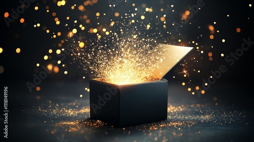 An open black box emitting a burst of glowing golden sparks and light, symbolizing mystery, magic, and surprise