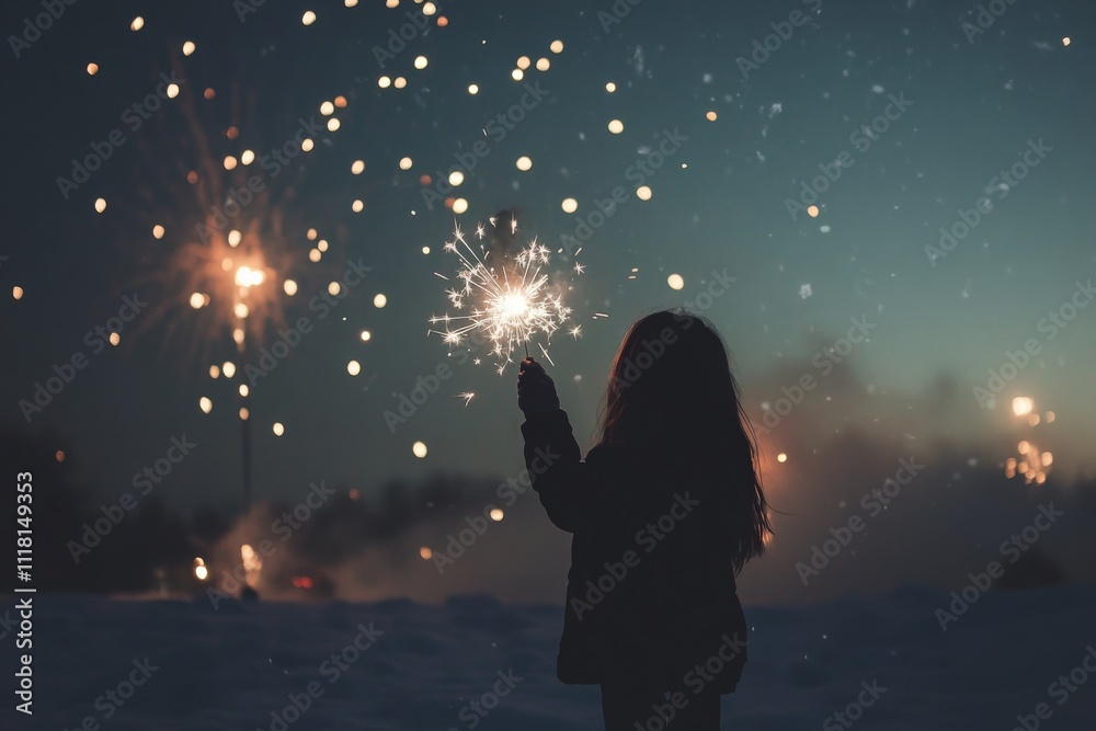 Obraz premium Silhouette of a child holding a sparkler against a beautiful evening sky, with fireworks lighting up the night, creating a magical and joyful atmosphere for New Year's celebration.