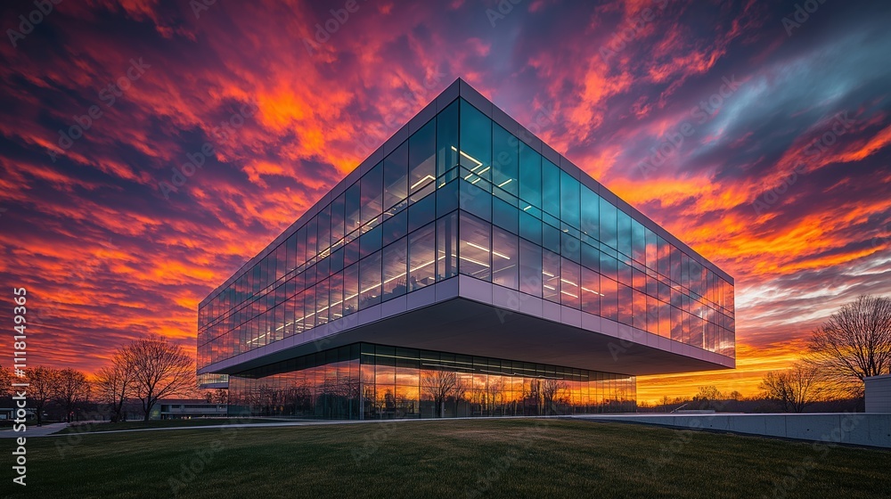 Obraz premium Modern corporate office building captured at sunset with dramatic skies