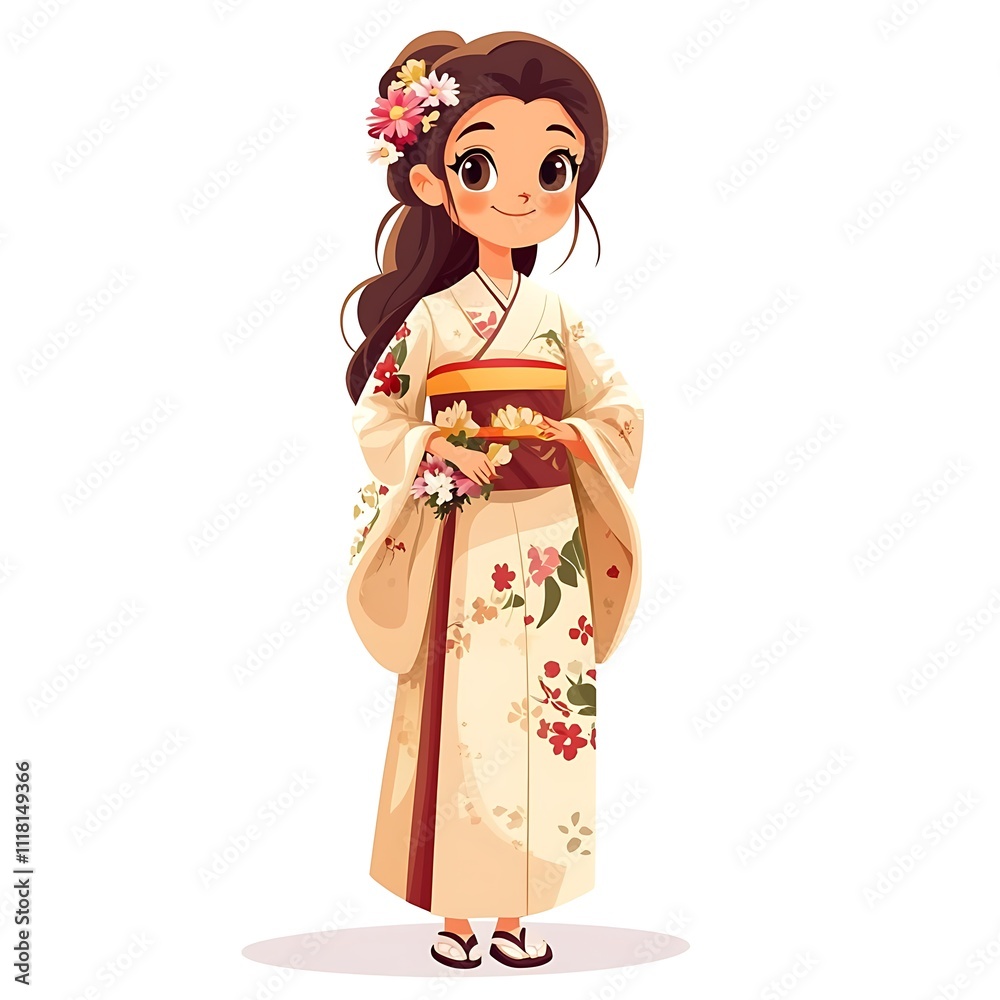 Cartoon teenage girl in a kimono with flowers on a white background Cartoon teenage girl in a kimono with flowers on a white background