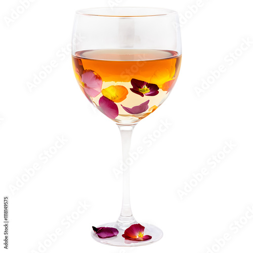 Wine glass with flower petals.