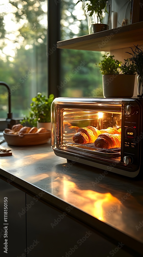 Stunning toaster oven highlighting modern transparent design with freshly baked croissants picture Stunning toaster oven highlighting modern transparent design with freshly baked croissants picture