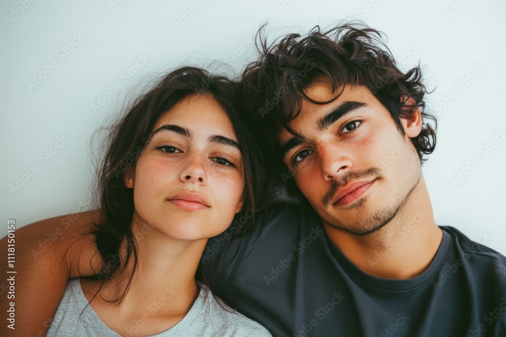 A tender moment is captured of a young couple embracing closely, displaying their relaxed expressions and deep connection, set against a clean white backdrop. A tender moment is captured of a young couple embracing closely, displaying their relaxed expressions and deep connection, set against a clean white backdrop.