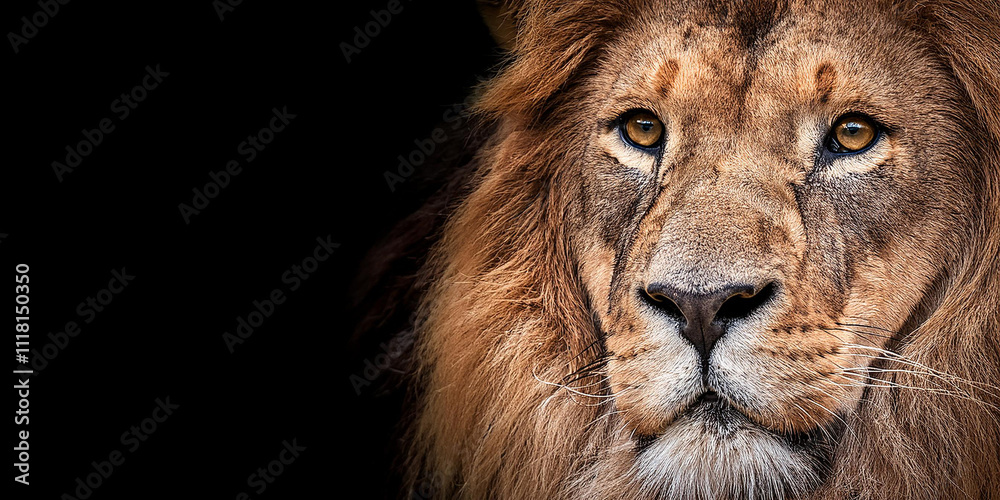 Closeup Shot Of Lion With Dark Black Background Closeup Shot Of Lion With Dark Black Background