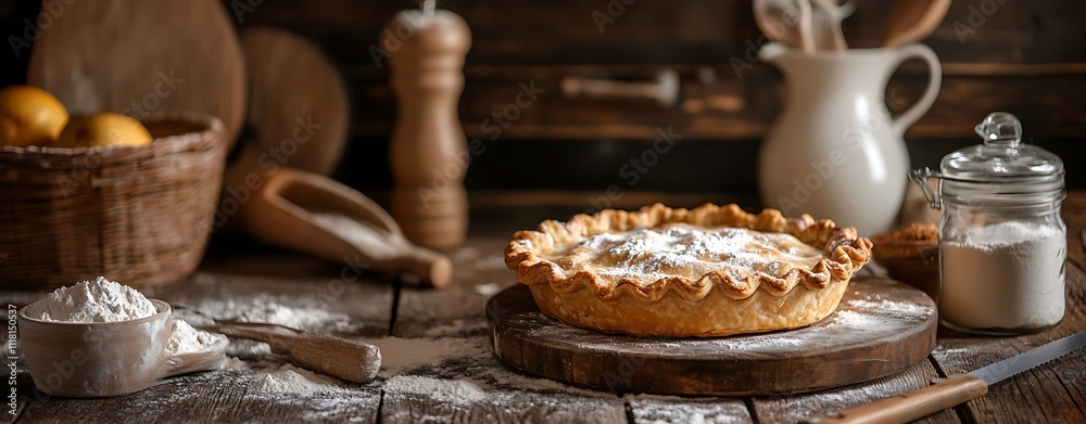 Cozy Home Cooking Vibes, Rustic Kitchen Scene with Freshly Baked Pie Cozy Home Cooking Vibes, Rustic Kitchen Scene with Freshly Baked Pie
