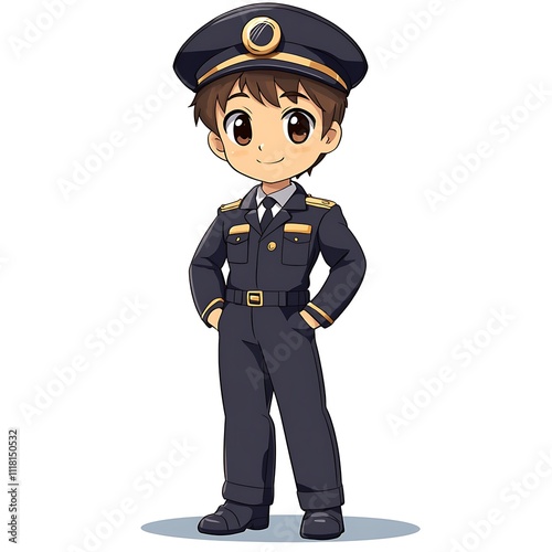 Anime young boy in a pilot�s outfit on a white background photo