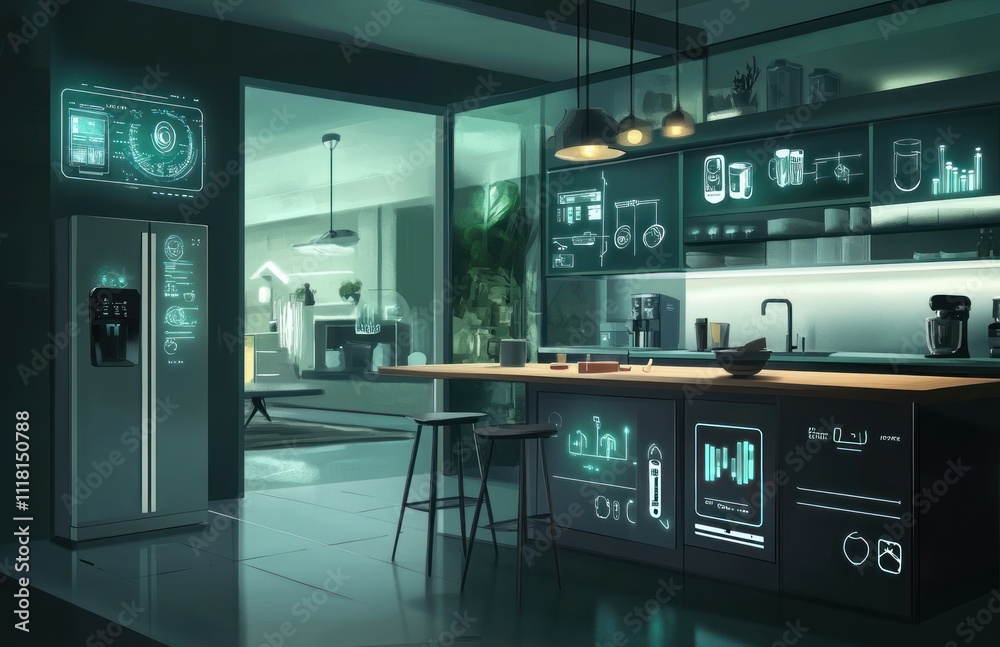 Futuristic smart kitchen interior at night with interactive displays and appliances. Futuristic smart kitchen interior at night with interactive displays and appliances.