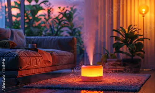 Aromatic diffuser glowing softly on a rug near a couch at sunset.