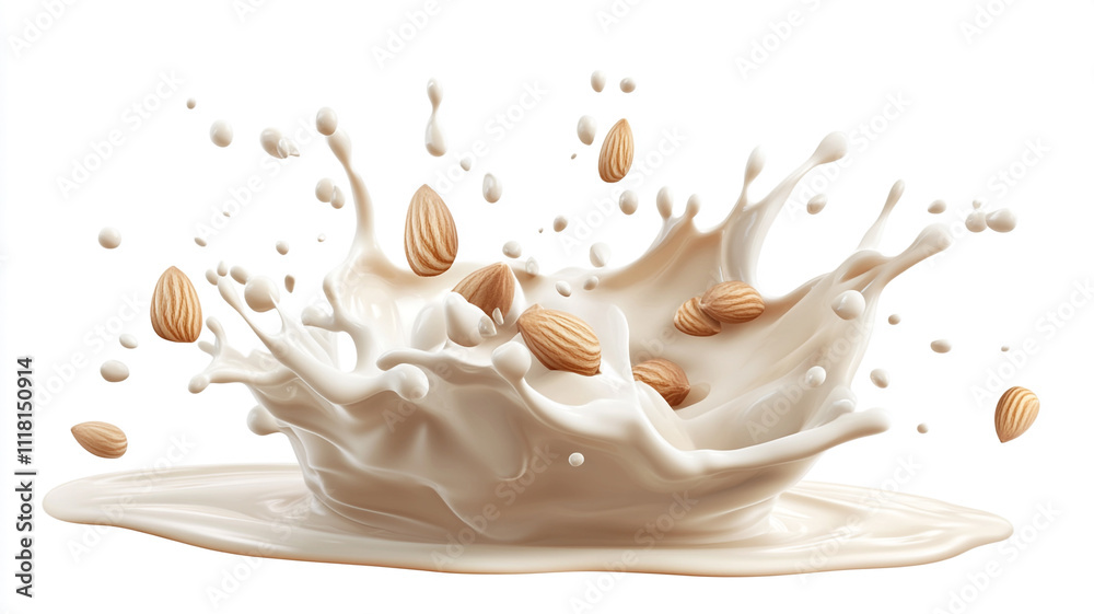 milk splash with almond nuts with isolated on a white background milk splash with almond nuts with isolated on a white background