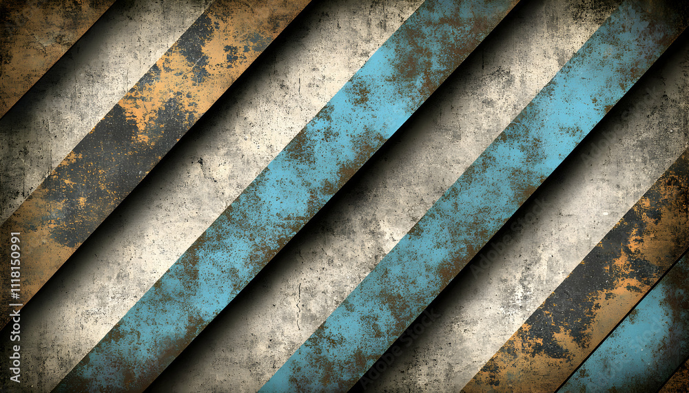 Abstract grunge background with diagonal stripes in blue, orange, and gray, showing texture and wear. Perfect for design projects needing a distressed industrial look.