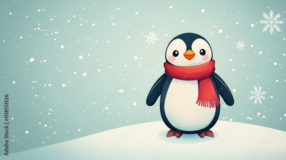 Cute Cartoon Penguin Wearing Red Scarf in Snowy Landscape Cute Cartoon Penguin Wearing Red Scarf in Snowy Landscape