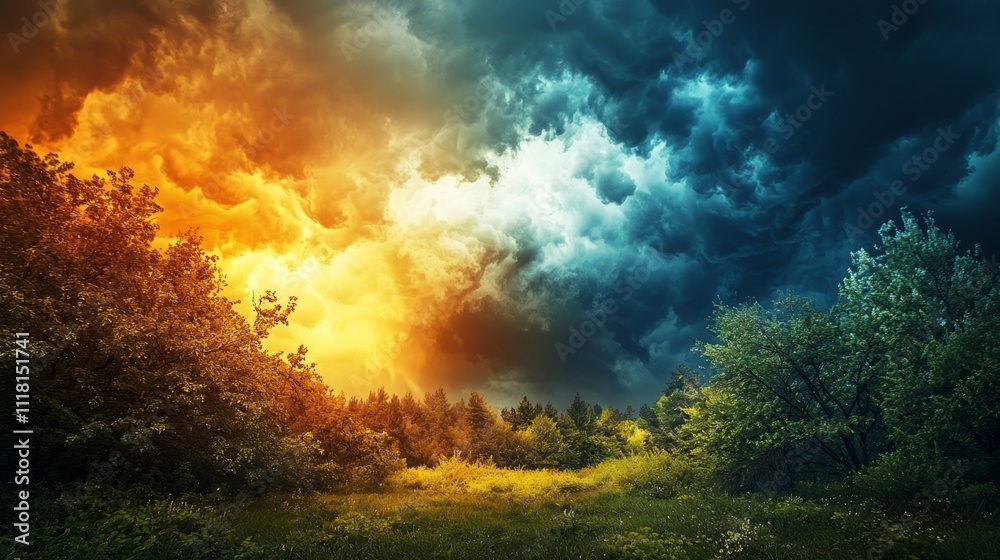 Naklejka premium A serene forest scene contrasted with a chaotic, abstract storm in the sky, text placed in the peaceful forest area