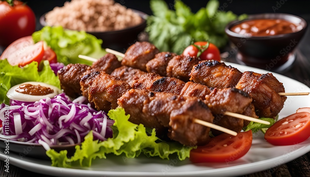 Grilled Meat Skewers with Salad and Tomato Grilled Meat Skewers with Salad and Tomato
