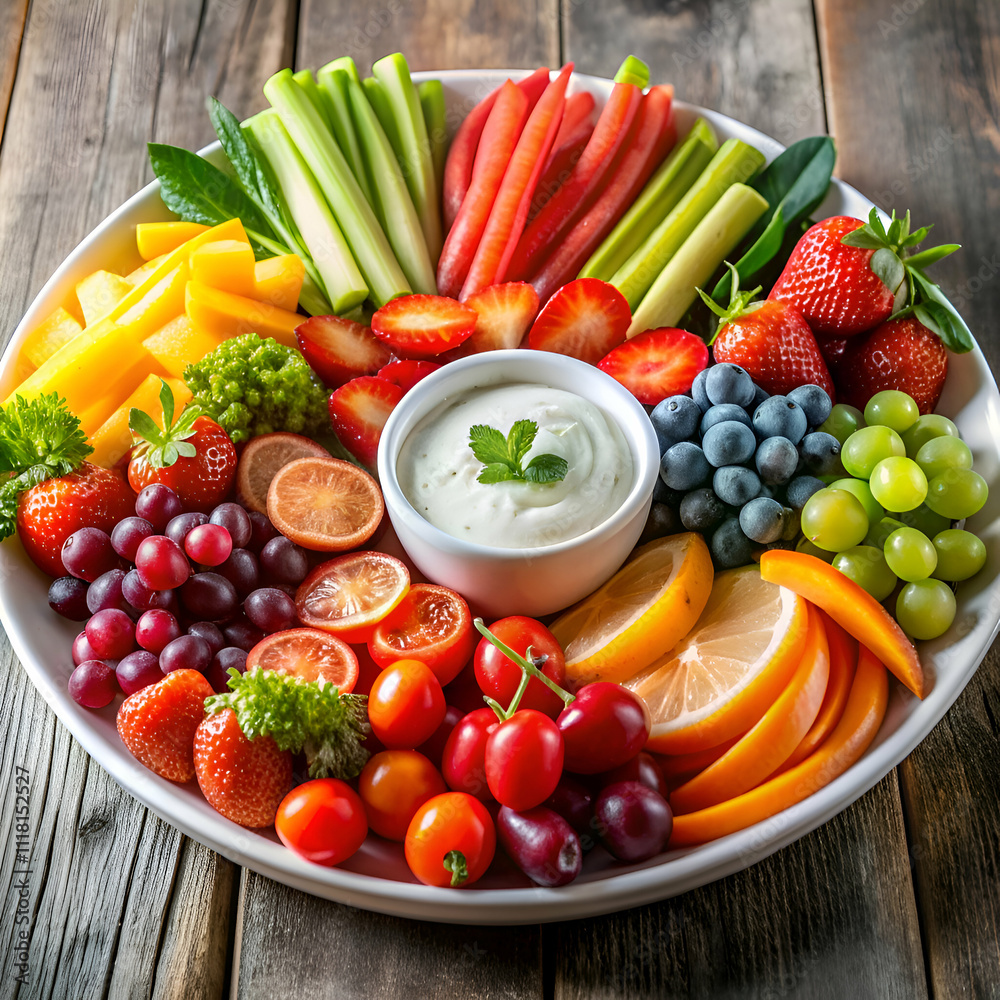 A colorful fruit and vegetable platter with dip.