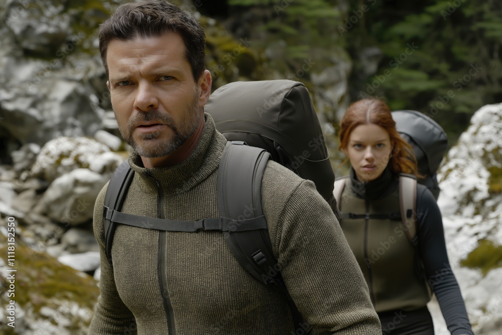 Couple enjoying a hike in rocky terrain during golden hour with knitwear blending into nature Couple enjoying a hike in rocky terrain during golden hour with knitwear blending into nature
