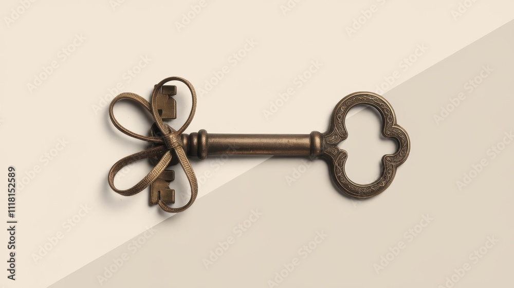 Old key with ribbon lying on two-tone background Old key with ribbon lying on two-tone background