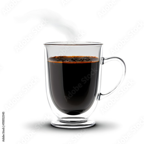 Hot coffee in glass mug.