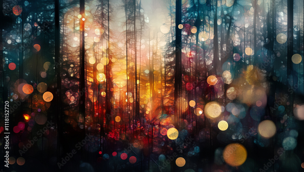 Naklejka premium Magical, colorful forest with trees and glowing lights