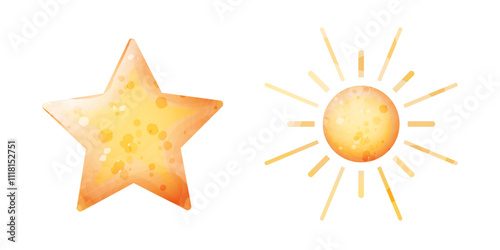 Vector sun and star.  Watercolor stylized cute illustration of celestial bodies