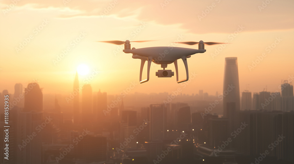 Cityscape Sunset Drone View with Skyscrapers and Golden Light